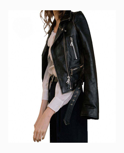 Women's Black PU Leather Woven Outdoor Moto Jacket Full Sleeve <b>Zipper</b> Closure Turn-down Collar Autumn Style - Product Image 6