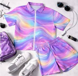 Ensemble court 2 pièces personnalisé pour homme, imprimé dégradé coloré 3D, survêtement d'été, polo à quart de zip et short assorti - Product Image 6