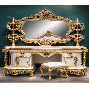 Juego de tocador de estilo victoriano con hojas doradas talladas para dormitorio, mesa de tocador de madera hecha a mano más vendida con espejo y taburete, EE. UU. - Product Image 1