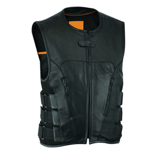Men's Plus Size Moto <b>Biker</b> <b>Vest</b> O-Neck Zipper Closure Solid Color Outerwear Autumn Style <b>Leather</b> Look <b>Vest</b> - Product Image 1