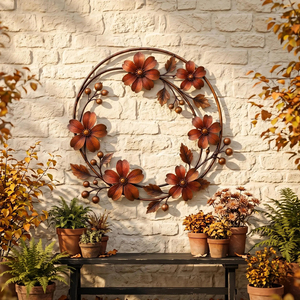Gorgeous Brown Metal Hoop <b>Wreath</b> Featuring Layered Blossoms And Berries, Elegant All Season Front Door Seasonal Wall Decoration - Product Image 2
