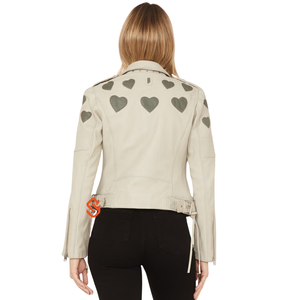 Ivory <b>Leather</b> Biker <b>Jacket</b> Women Grey Heart Patch Back Belted Moto Coat Genuine Lambskin White Cropped Cute Outerwear - Product Image 1