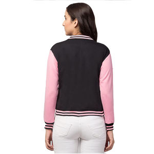 Chaqueta Varsity Negra y Rosa para Mujer, Manga Larga, Tejida, Diseño Sólido con Contraste de Color, Cuello en V, Cierre de Botón, Ropa de Abrigo para Otoño - Product Image 2