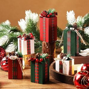6 Pezzi Decorazioni Natalizie Rustiche Scatole Regalo in Legno Fiocco a Quadri Buffalo Centrotavola per Feste Decorazione Finto Regalo Rosso Verde - Product Image 2