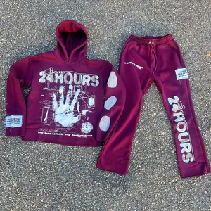 Ensemble de survêtement évasé personnalisé pour homme, style streetwear, avec impression 3D en relief, comprenant un sweat à capuche et un pantalon de jogging, à ourlet brut et motif graphique, vente en gros - Product Image 4