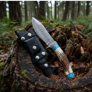 Couteau Bowie Viking artisanal en acier Damas, manche en corne, 10 pouces, pointe tombante |   Étui en cuir de qualité supérieure pour le camping et les cadeaux - Product Image 5