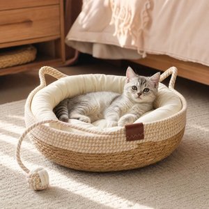 Panier rembourré en jacinthe d'eau naturelle pour animaux de compagnie, écologique, tressé, pour chats et chiens, vente en gros, artisanal, décoration pour animaux, B2B, OEM - Product Image 4