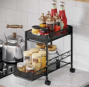 Étagère de rangement de cuisine en métal à 2 niveaux avec roulettes, design industriel, organisateur gain de place pour épices et condiments (OEM/ODM) - Product Image 1