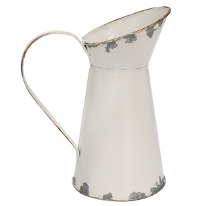 French Country Style White Metal Pitcher Embossed Decorative <b>Flower</b> Bucket Vintage Distressed Garden Vase Vintage Enamel Planter - Product Image 2