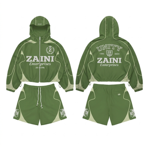 Mens Windbreaker Shorts <b>Set</b> 120 GSM Micro Polyester Lightweight Olive Green Contrast Panel Design Custom Sublimation Print - Product Image 1