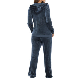 Survêtement en velours bleu foncé pour femme, coupe droite, avec capuche, fermeture éclair sur le devant, poches latérales, vêtements décontractés d'hiver - Product Image 2