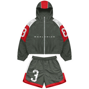 Durable 125 GSM Nylon Windbreaker Shorts Set Olive Tone Red <b>White</b> Paneling Custom Sublimation Logo plus size - Product Image 1