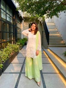 Women's Premium Faux Georgette Embroidered <b>Sequin</b> Pearl <b>Top</b> Palazzo Suit Set | Designer Party Wear | Polyester/Cotton - Product Image 3