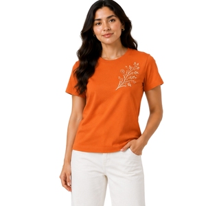 เสื้อยืดคอกลมผ้าฝ้ายปักลายดอกไม้สีขาวสำหรับผู้หญิงสีส้มแบบกำหนดเอง แขนสั้น สไตล์ลำลอง ผลิตตามสั่ง OEM คุณภาพพรีเมียม แฟชั่นฤดูร้อน - Product Image 1