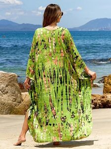 Green Printed Maxi Dress V-Neck Batwing Sleeve Loose Boho <b>Summer</b> Casual <b>Kaftan</b> Dress - Product Image 2