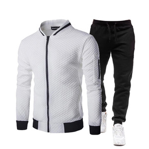 Men's White Quilted <b>Zip</b>-<b>Up</b> <b>Jacket</b> With Black Joggers Set Casual Autumn Tracksuit Full Sleeve Solid Color Lightweight Outfit - Product Image 1