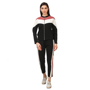 Women Color Blocking <b>Tracksuit</b> Set Full Sleeve Zipper Front Sporty Style Breathable Polyester Cotton Autumn Wear - Product Image 1