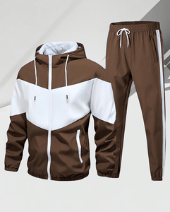 Men's Hooded Color-Blocking Track Suit <b>Set</b> Brown White <b>Knitted</b> 100% Polyester Quick Dry Autumn Casual Wear made in Bangladesh - Product Image 2