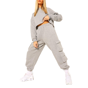 Women 100% Cotton Breathable Casual Solid Color <b>White</b> Full Length <b>Cargo</b> Tracksuit Crew Neck Long Sleeve Crop Top Set For Sale - Product Image 4