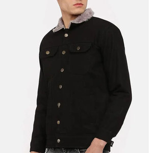 Veste en jean noire pour homme avec col en fausse fourrure, style décontracté, coupe classique, fermeture à boutons, vêtement d'automne - Product Image 3