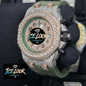 สำหรับ LOOK JEWELERY นาฬิกาควอทซ์สุดหรูสำหรับผู้ชาย 41 มม. ประดับเพชร ตัวเลขโรมัน สายซิลิโคนสีเขียว หน้าปัดอะนาล็อกโครโนกราฟ - Product Image 2