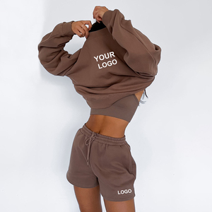 Conjunto de Sudadera con Capucha y Pantalones Cortos de 2 Piezas para Mujer, Color Marrón, Felpa, Corte Regular, Secado Rápido, Transpirable, Ropa de Invierno - Product Image 2