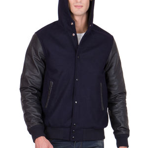 Veste universitaire bleu marine pour homme avec manches en similicuir noir, veste bomber à capuche, veste de sport, vêtement d'extérieur décontracté et chaud pour l'hiver, manteau élégant - Product Image 3
