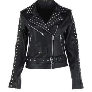 Women Black <b>Studded</b> Leather Moto Jacket Zip Up <b>Belted</b> Slim Fit Winter Coat - Product Image 5