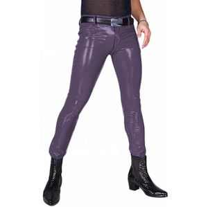Pantalon crayon pour homme en PU violet, taille haute, fermeture éclair, style gothique, extensible en spandex et polyester, avec ceinture 2027 - Product Image 1