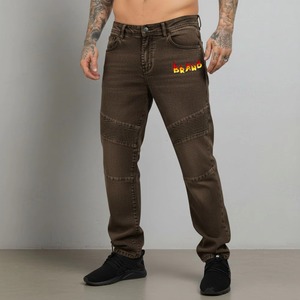 Jeans de Motociclista para Hombre, Color Marrón, Cintura Alta, Corte Recto, con Logotipo de Llama en la Pierna Derecha, Transpirables, de Algodón y Poliéster, para Otoño - Product Image 4