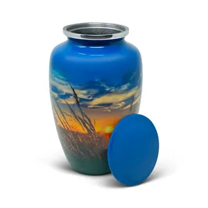 โกศบรรจุอัฐิโลหะแบบคลาสสิก อุปกรณ์งานศพคุณภาพสูง โกศเคลือบเงาพร้อมภาพพิมพ์ โกศสำหรับบรรจุอัฐิมนุษย์ สีฟ้าเงา ภาพพระอาทิตย์ตก - Product Image 2