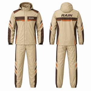 RAIN Men's Hooded <b>Waterproof</b> Sporty Jacket <b>Set</b> Beige Brown Orange PU Coated Zipper Closure Spring Wear Color Blocking Fleece - Product Image 1