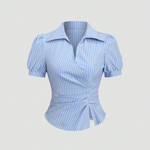 Blusa a Rayas de Manga Corta al por Mayor 2026, Camisas Ajustadas con Cuello en V para Mujer, Blusas Elegantes de Verano para Oficina - Product Image 1