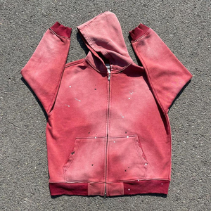 Sudaderas con capucha unisex personalizadas con cremallera, chaqueta corta de felpa francesa, sudaderas lisas con doble cremallera, estilo vintage, lavado ácido, efecto desgastado - Product Image 2