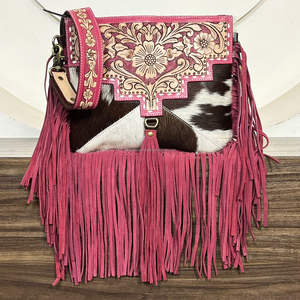 Designer Premium Style Hand Tooled Cowhide Leather Fringe Sling Bag Floral Pattern Boho Shoulder Crossbody Purse for Women's - Product Image 4