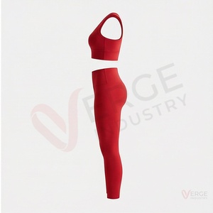 <b>Women</b> <b>Red</b> Seamless Yoga Set 2 Piece Racerback Scoop Neck Sports Bra High Waist Full Length Leggings - Product Image 3