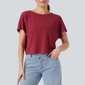 Haut court d'été pour femme, tricot côtelé à manches courtes, couleur unie personnalisable, coupe ajustée ou ample, boutonné – Meilleure vente - Product Image 1