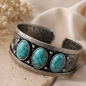 Jewelry Town JT-044 Frontier Turquoise Wide <b>Cuff</b> Bangle Gold/<b>Silver</b> Plated Brass Bezel Set Classic Western Style Unisex Gift - Product Image 5