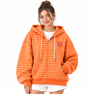 Pink And White Striped <b>Women</b> Zip Up Hoodie Heart Embroidery Drop Shoulder <b>Long</b> Sleeve Casual <b>Sweatshirt</b> - Product Image 5