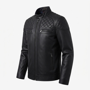 Blouson de motard en cuir d'agneau pour homme, coupe ajustée, vintage, imperméable, col montant, teinture unie, vente en gros OEM - Product Image 2