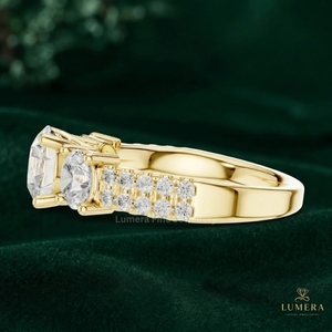 Past Present Future Diamond Ring, Three Round <b>Cut</b> <b>Stones</b>, Double Micro Pave Half Eternity Shoulder Band, Solid Gold Fine Jewelry - Product Image 5