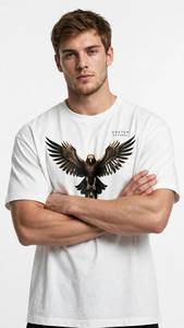 ONETEN APPAREL เสื้อยืดคอกลมแขนสั้นสีขาวสำหรับผู้ชายพิมพ์ลายอีเกิล - Product Image 2