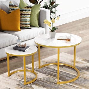 Table basse ronde blanche et or, tables d'appoint empilables aspect bois avec cadres métalliques robustes pour salon - Product Image 5