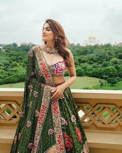 Green Digital Print Lehenga Choli Set Heavy Lace Border <b>Mirror</b> Work <b>Floor</b> Length Ethnic Wear for Women - Product Image 4