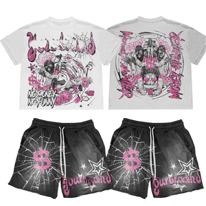 Conjunto de Camiseta y Pantalones Cortos con Estampado de Calaveras Personalizado, Estilo Urbano Vintage Y2K para Hombre, Algodón Grueso, Casual, Verano - Product Image 1