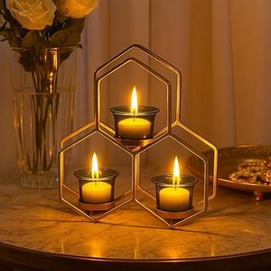 Gold Hexagon Candle <b>Stand</b> with Blue <b>Glass</b> <b>Holders</b> for Home Decoration - Product Image 4