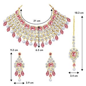Gold Plated Zinc Alloy Bridal Necklace Earrings Headpiece Set Moissanite Imitation Pearl Flower Design Ethnic Wedding Women - Product Image 3