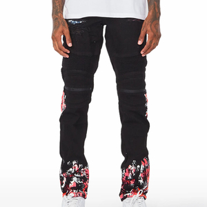 Jeans pour hommes en denim premium, coupe ajustée, style streetwear hip-hop, finition robuste, marque privée. - Product Image 2