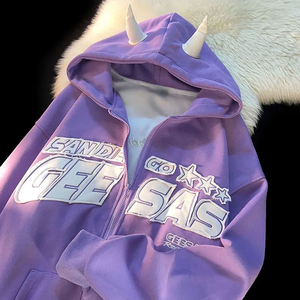 Sweat-shirt unisexe en molleton français de haute qualité, style Y2K, avec fermeture éclair surdimensionnée, cornes et logo imprimé en relief, personnalisable OEM. - Product Image 1