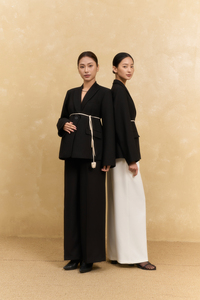 Full Length Notched Collar Full Sleeve 2 Piece Long <b>Set</b> Solid Plain Dyed Woven Silk Asymmetric Breathable Office Women's <b>Blazer</b> - Product Image 6